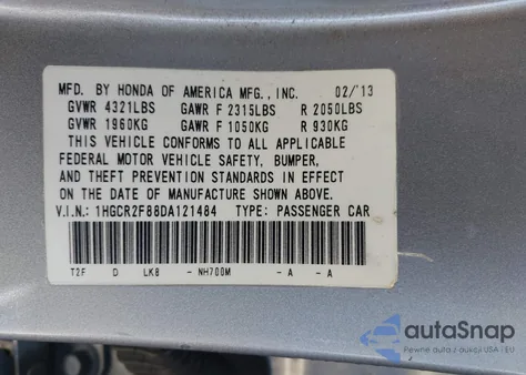 2013 Honda Accord Exl from USA, damaged, VIN 1HGCR2F88DA121484